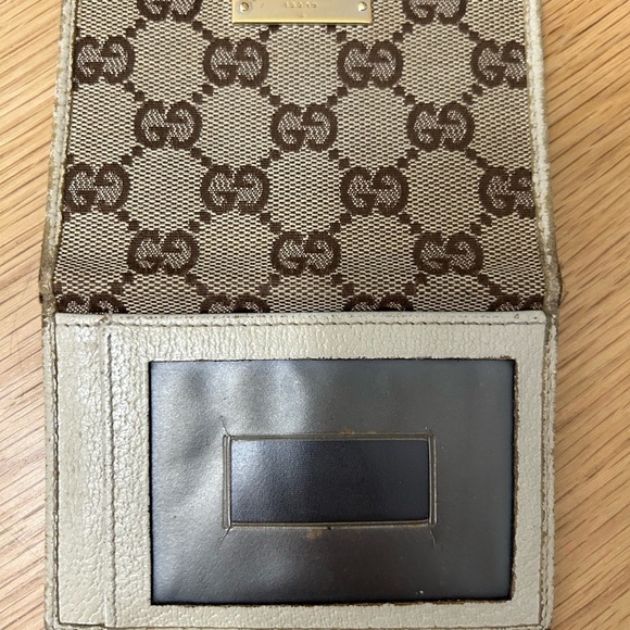 Gucci GG Canvas Card Holder Wallet Beige Brown Monogram Gold Logo Plate - Picture 6 of 8